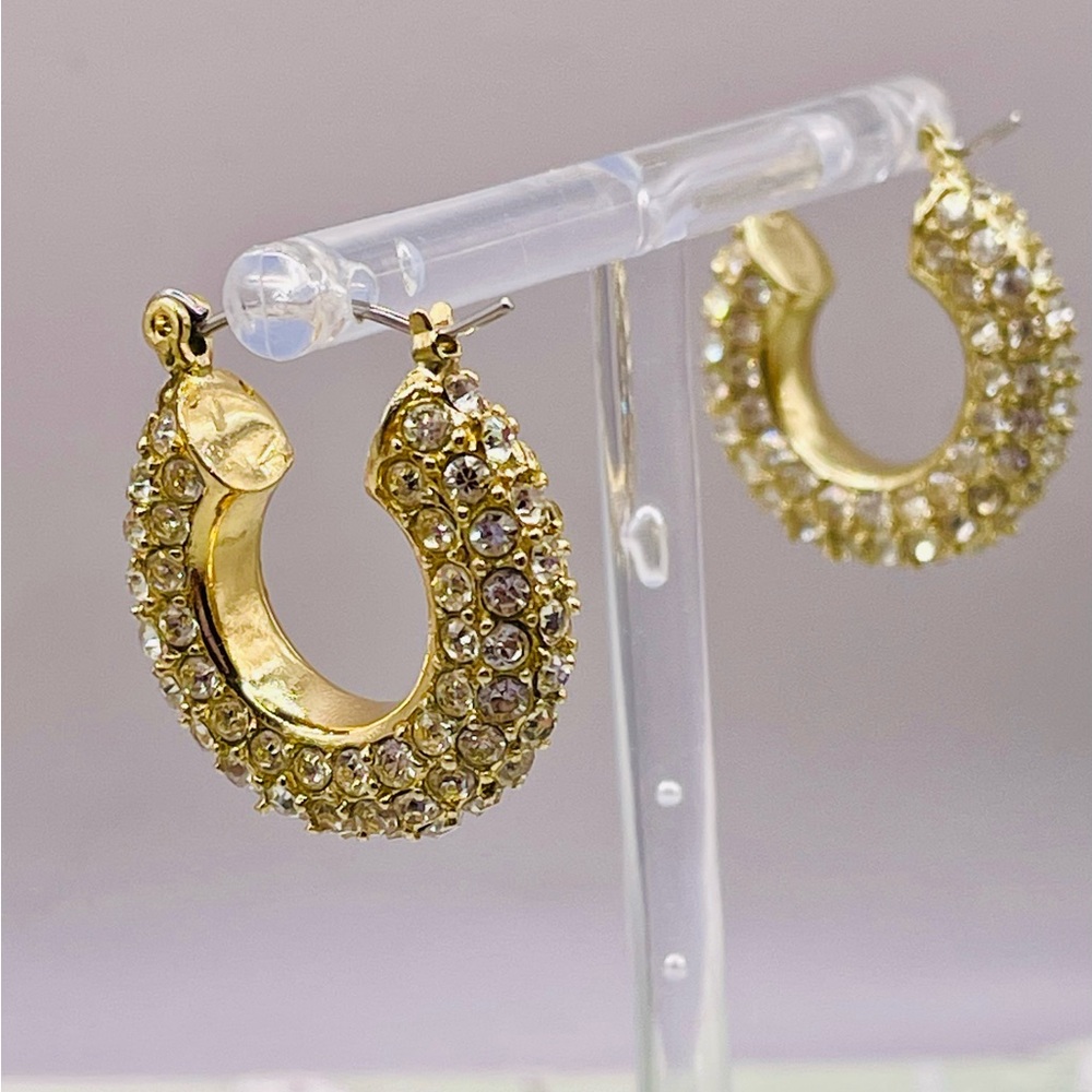 Pave Clear Rhinestone Gold Tone Chunky Hoop Earrings
